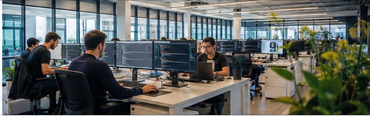 Equipo profesional trabajando en desarrollo de software